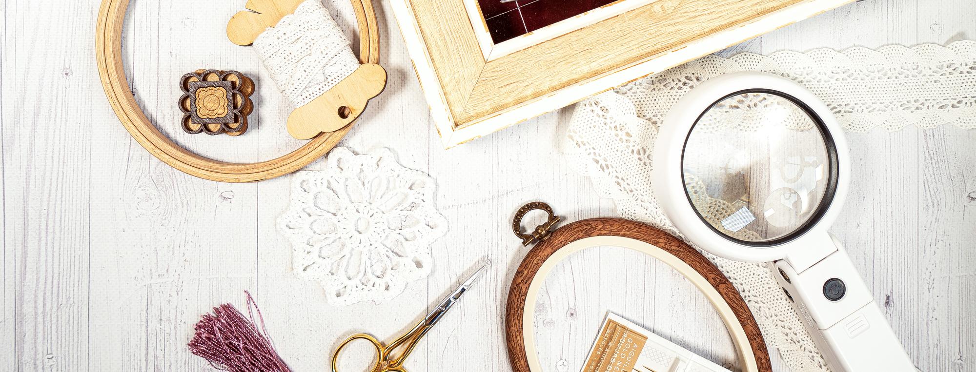 Workshop table with hoop and threads